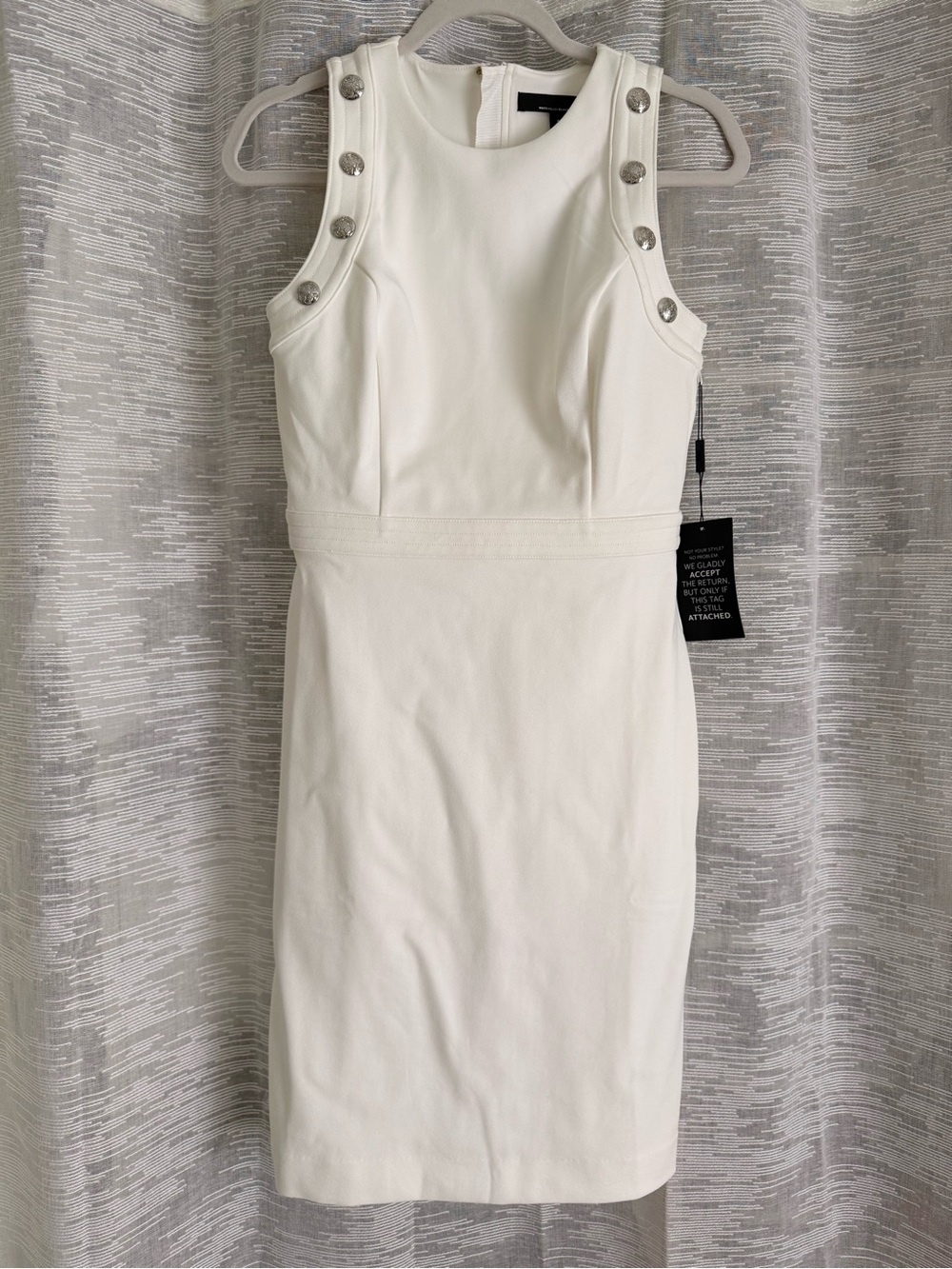 White House Black Market White Sleeveless Sheath Dress with Silver Buttons